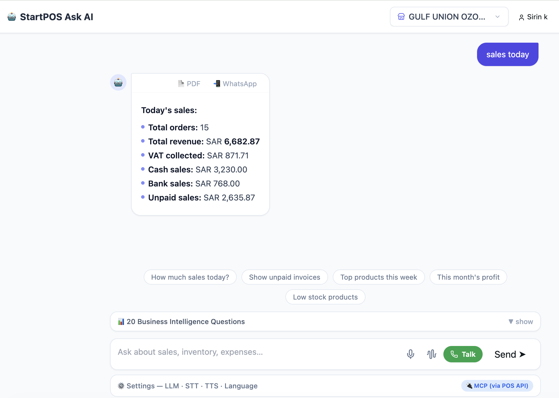 StartPOS AI Chatbot Interface
