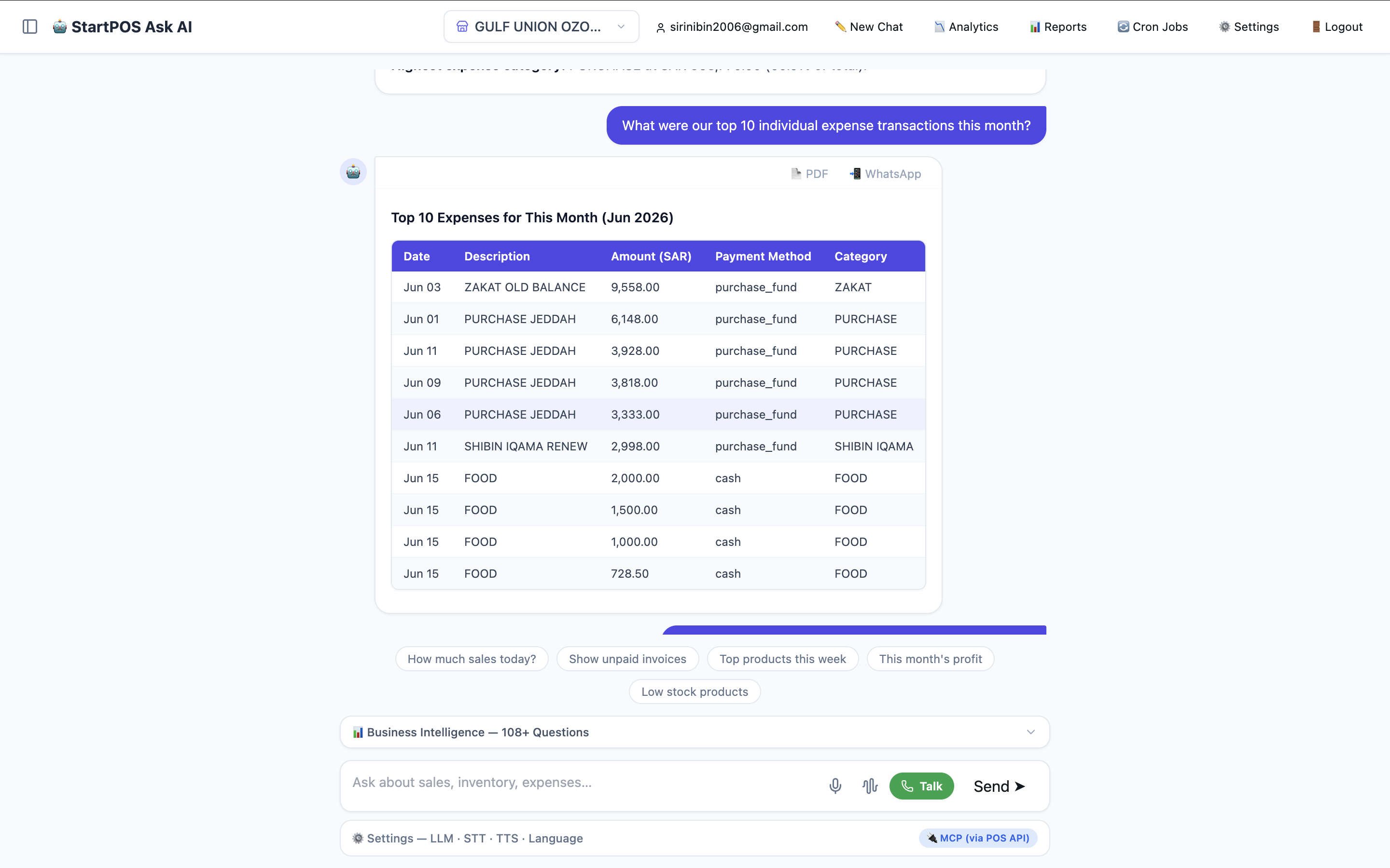 AI answer: Top 10 expense transactions table