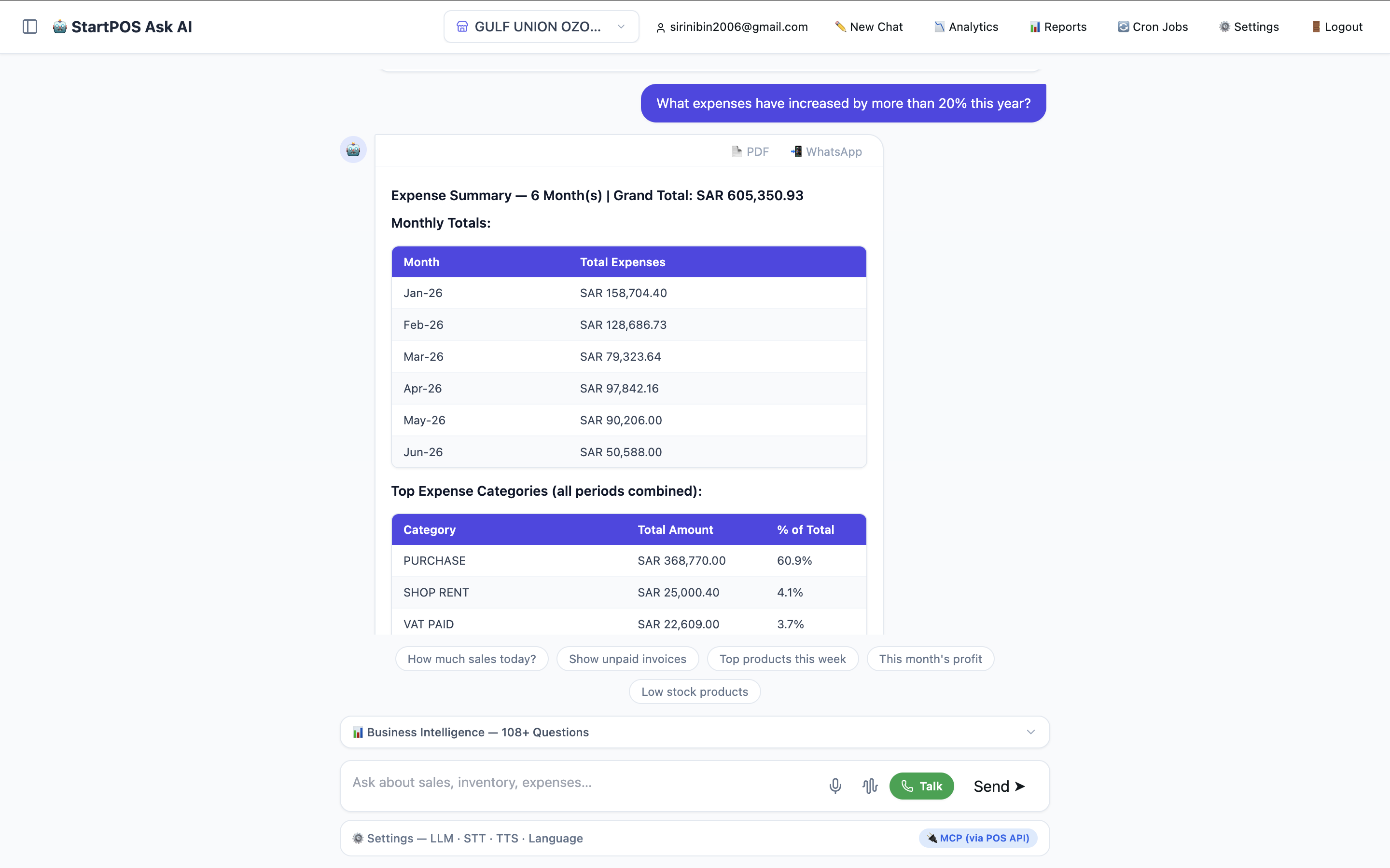 AI answer: Expense summary 6 months
