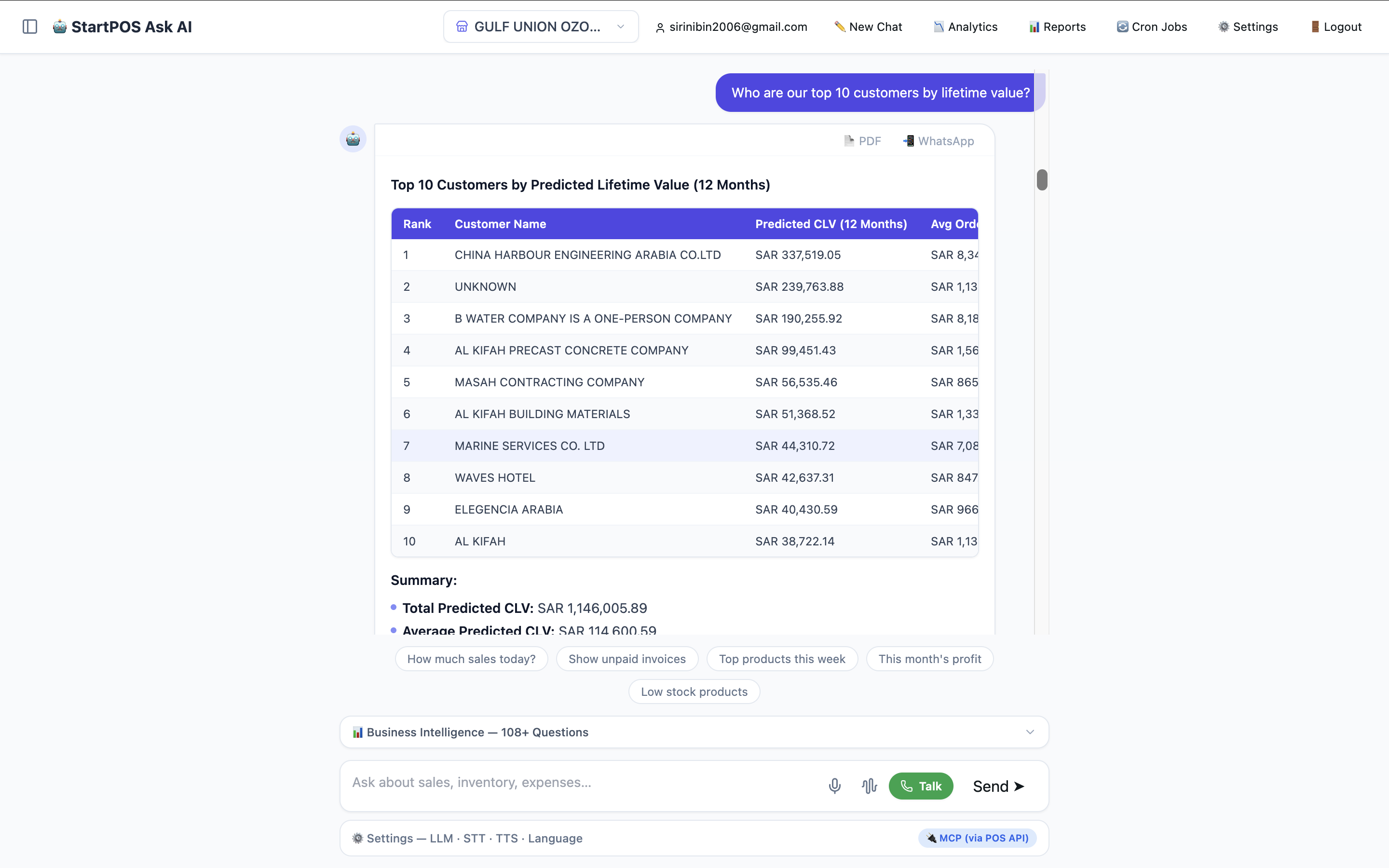 AI answer: Top 10 customers by predicted CLV