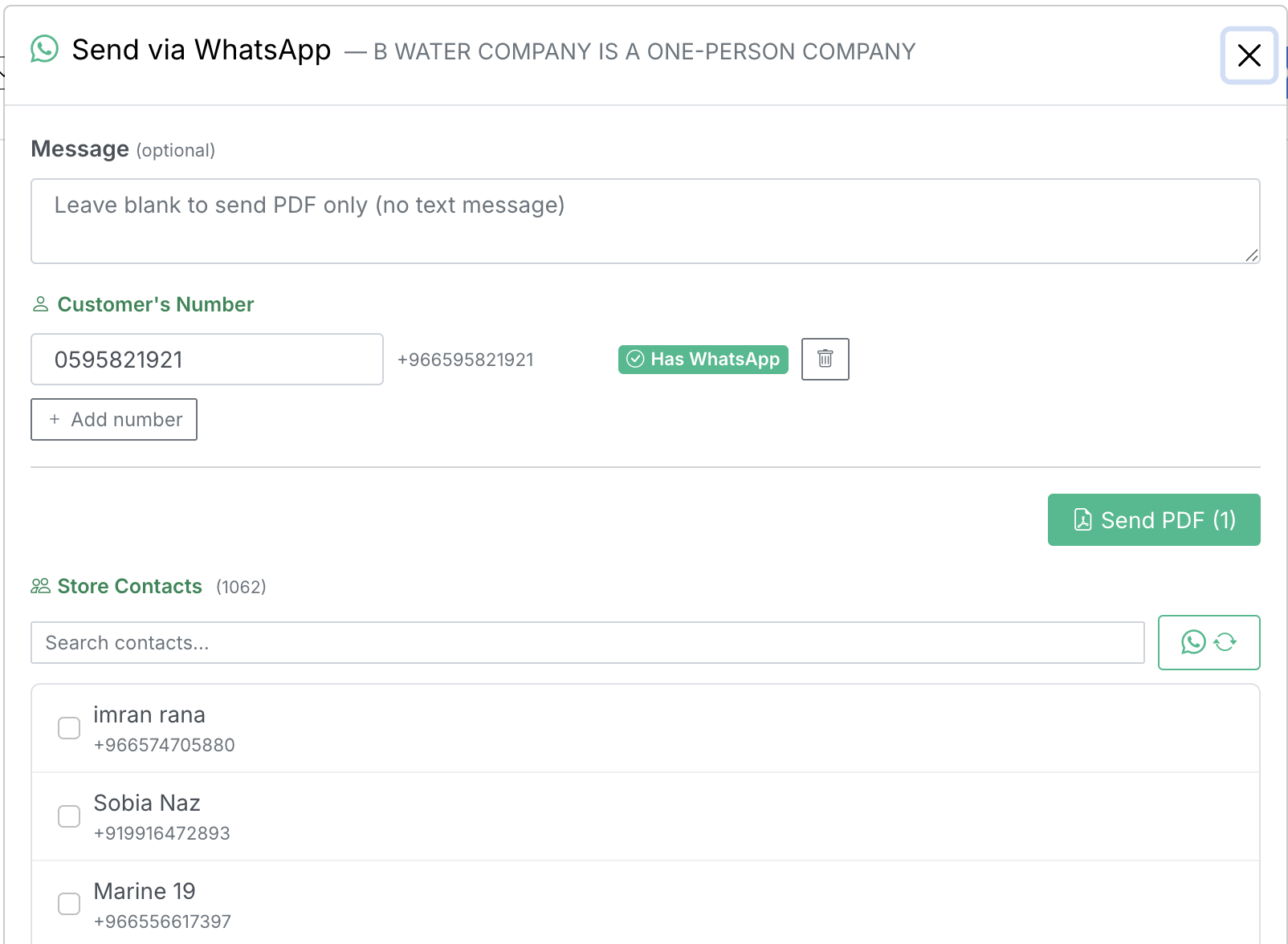 Invoice Share via WhatsApp to multiple contacts